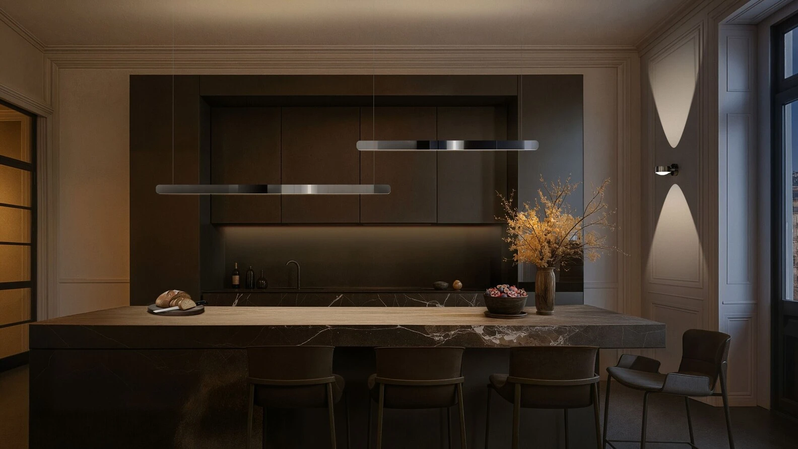 Occhio Mito volo and Sento verticale dark chrome in kitchen - pendant and wall lighting