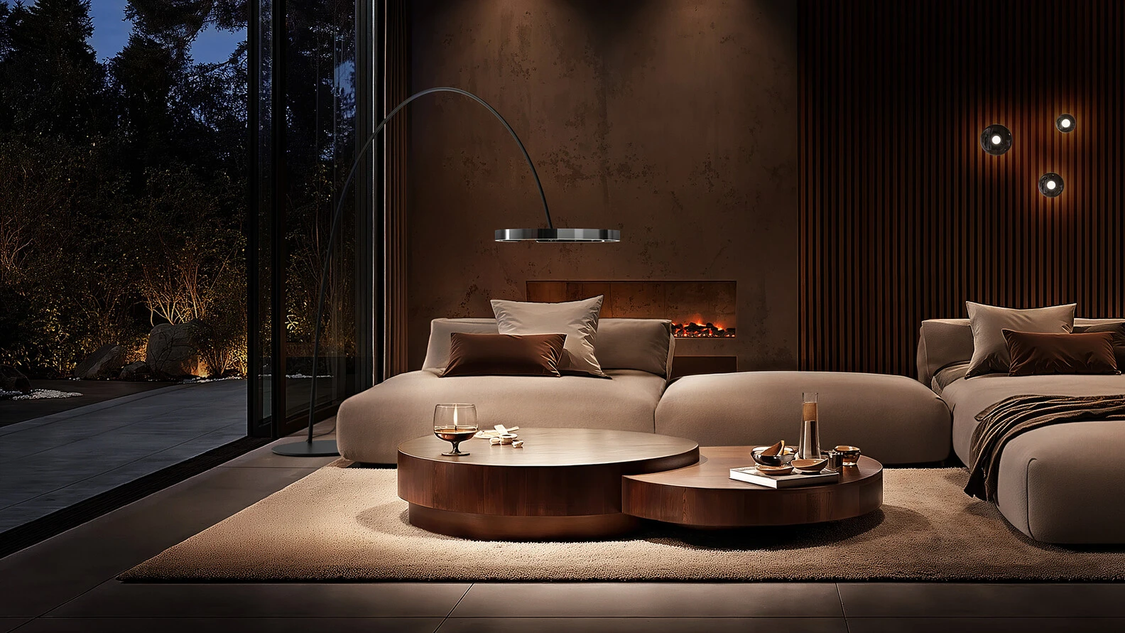 Occhio dark chrome lighting in living room - Mito largo floor and pendant luminaires