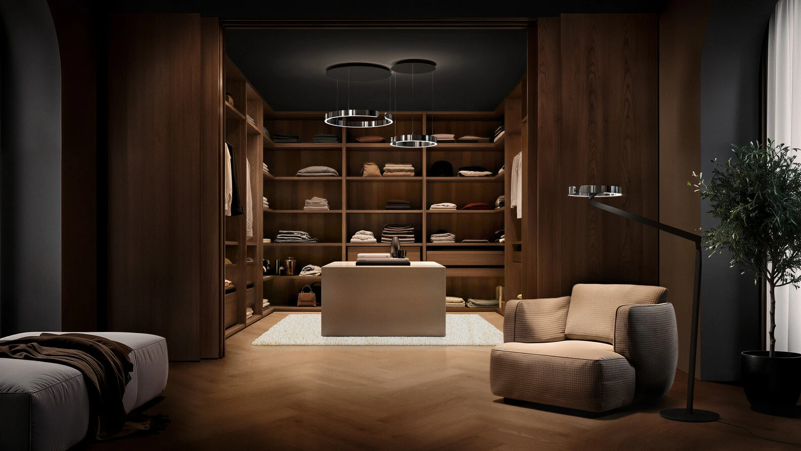 Occhio dark chrome Mito sospeso pendant in dressing room