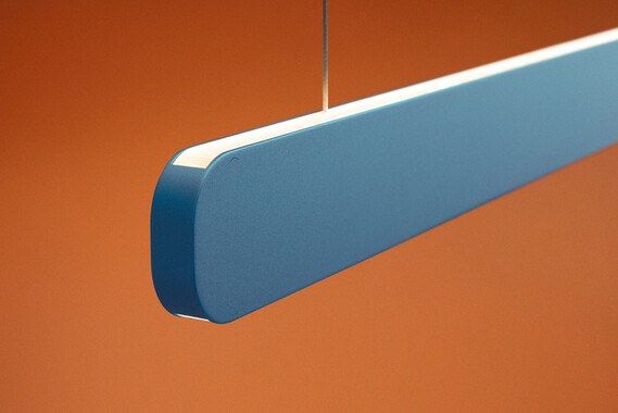 Occhio Mito volo pendant luminaire colors by occhio in blu vivace on orange backround close up