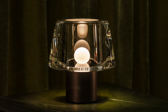 Occhio Era table luminaire with glass cone head and leather body