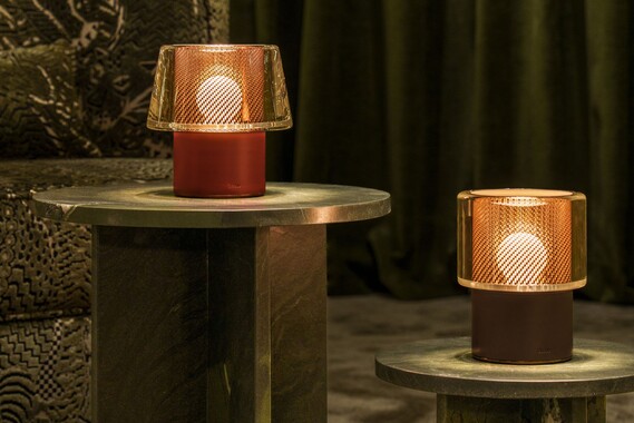 Occhio table luminaire with mesh glass cone and leather body
