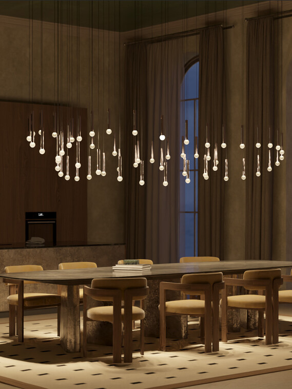 Occhio Coro moon wave luminaire skulpture design luminaire construction over dinner table