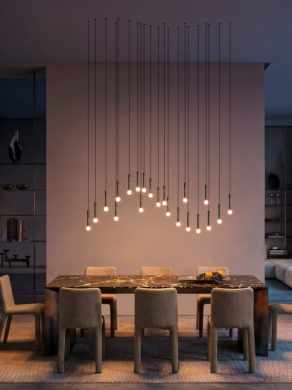 Occhio Coro moon wave luminaire skulpture design luminaire construction over dinner table