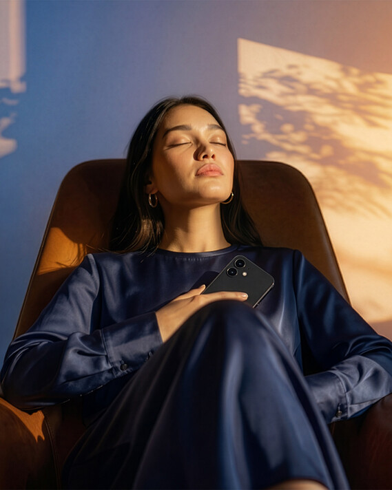 Occhio ONE control system woman holding smartphone