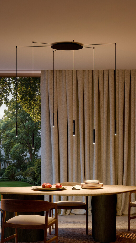 Occhio coro sospeso spider 6 pendant luminaire in dining room surrounding